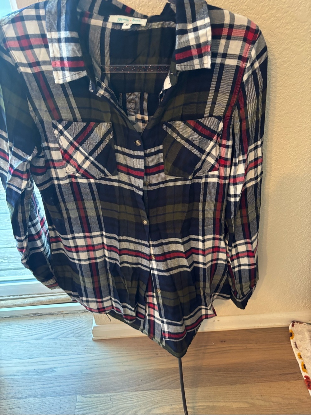 Grace & Lace Plaid Button-Down Shirt in Black, White, Olive & Red